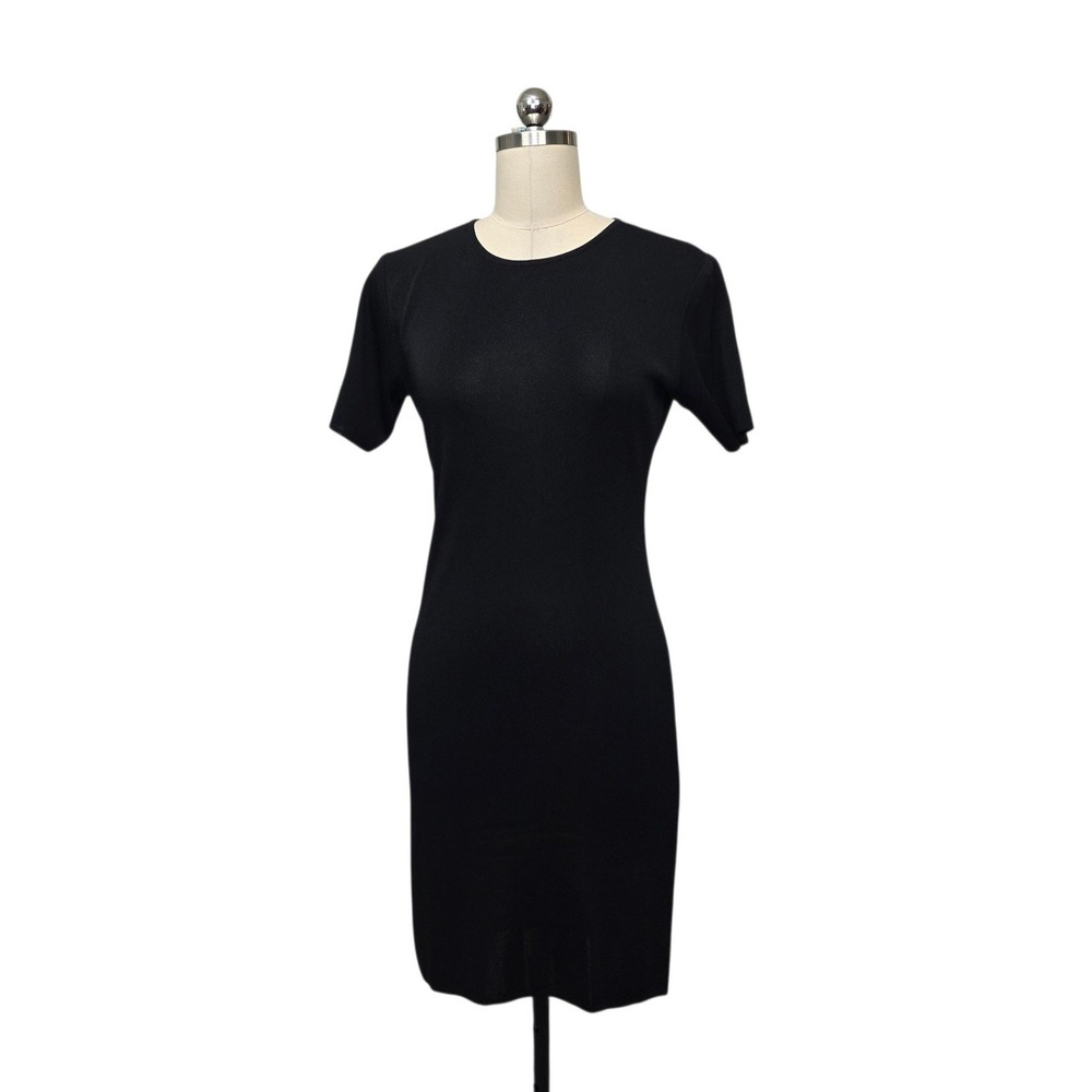 Misook Petite Black Knit Sheath Dress Short Sleeve Knit Crew Neck Womens Size XS